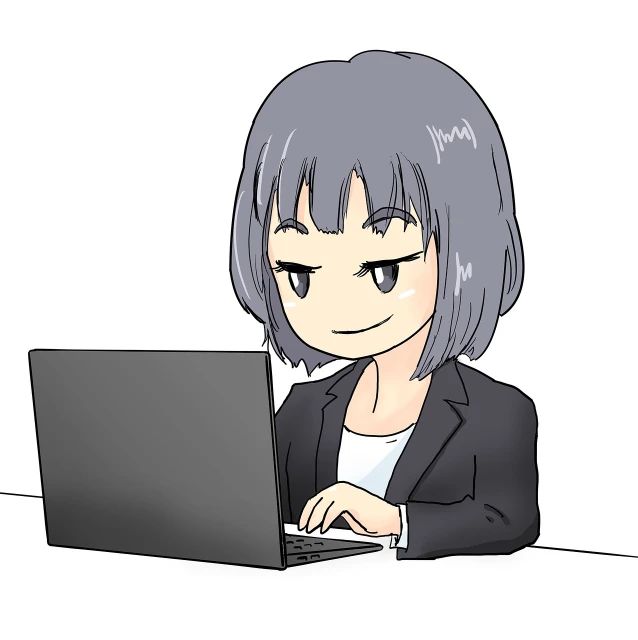 a woman sitting in front of a laptop computer, an anime drawing, young business woman, typing on laptop, lowres, with short hair