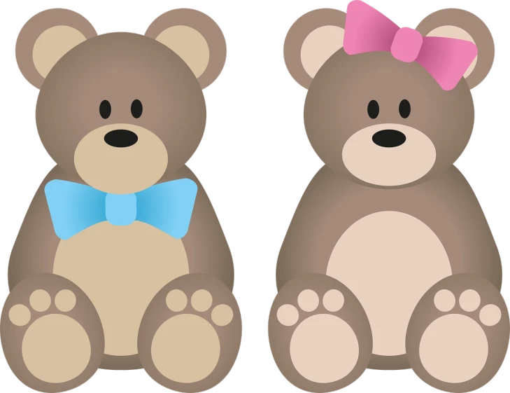 a couple of teddy bears sitting next to each other, a digital rendering, by Gusukuma Seihō, pixabay, sōsaku hanga, clipart icon, thick bow, beans, half image