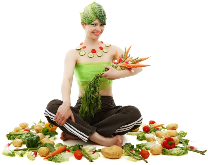 a woman sitting in the middle of a pile of vegetables, a photo, fully body photo, serving body, very accurate photo, high res photo