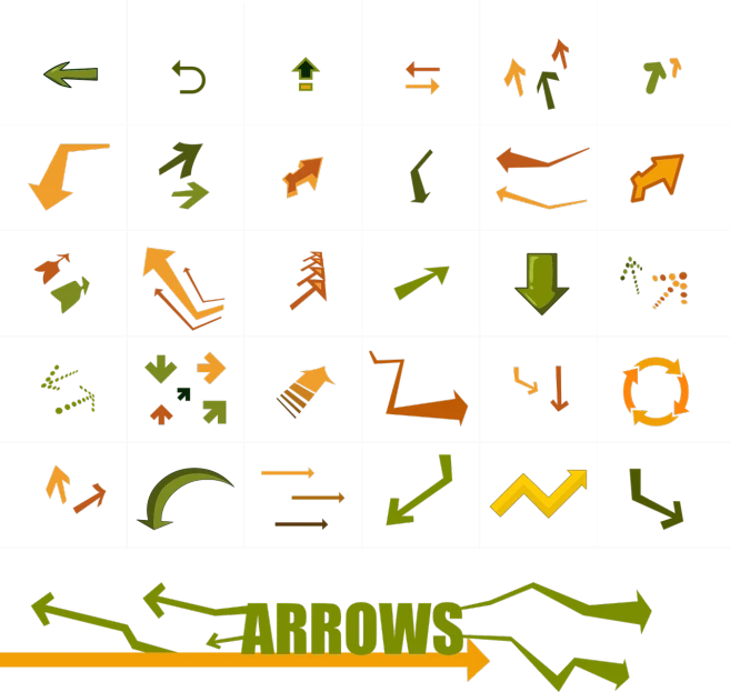 a bunch of different colored arrows on a black background, vector art, deviantart, rusty shapes, psd spritesheet, green charts, horns