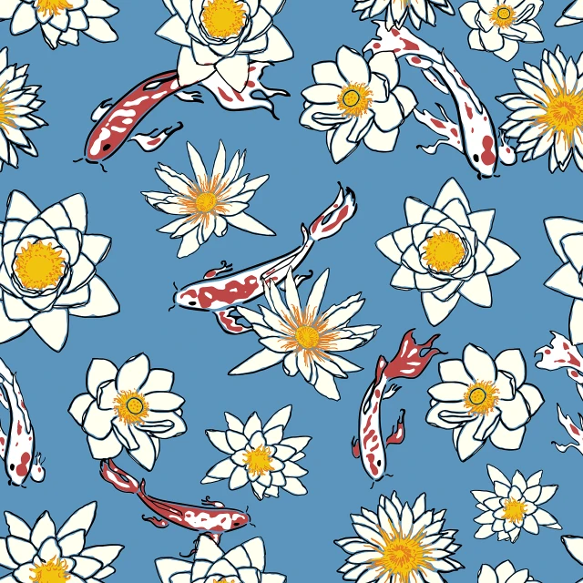 a pattern of koi fish and flowers on a blue background, inspired by Hokusai, ukiyo-e, in style of kyoto animation, lily pad, versace pattern, rhys lee