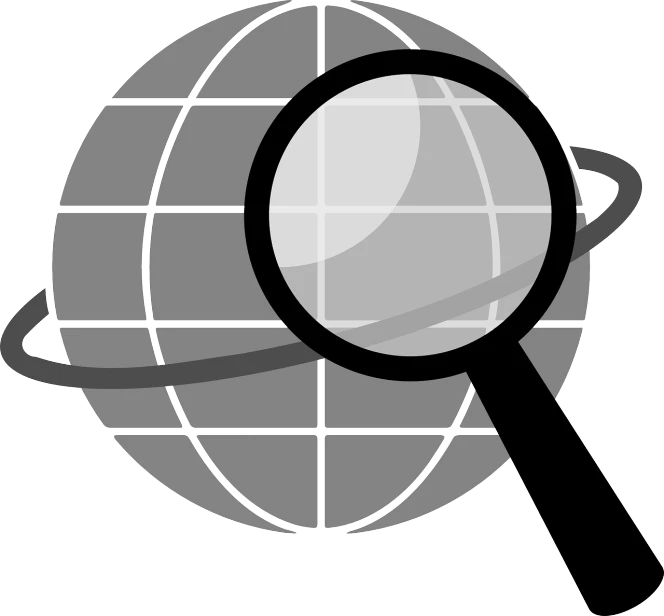 a magnifying glass on top of a globe, a picture, pixabay, bauhaus, black and white vector art, gray, link, inspect in inventory image