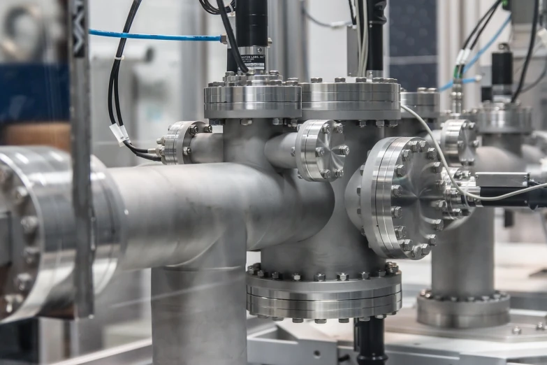 a bunch of pipes that are connected to each other, a picture, by Thomas Häfner, shutterstock, hadron antimatter vacuum reactor, grey, prototype, high detailed photo