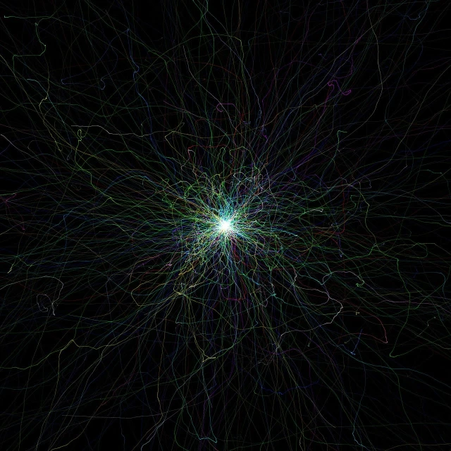 a bunch of lights that are in the dark, a raytraced image, generative art, webs, spaghettification, made of neon light, stylized thin lines