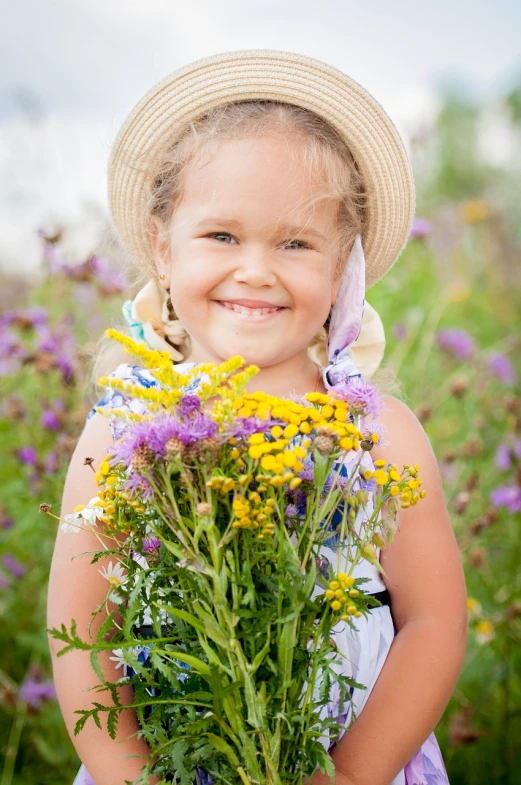 a little girl holding a bunch of flowers, by Maksimilijan Vanka, shutterstock, meadow flowers, avatar image, portait image, herbs and flowers