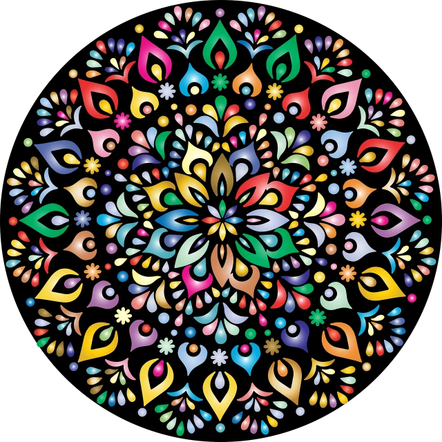 a colorful circular design on a black background, vector art, by Joe Mangrum, shutterstock, psychedelic art, traditional folk art style, ornate colored gems, rainbow gradient bloom, created in adobe illustrator