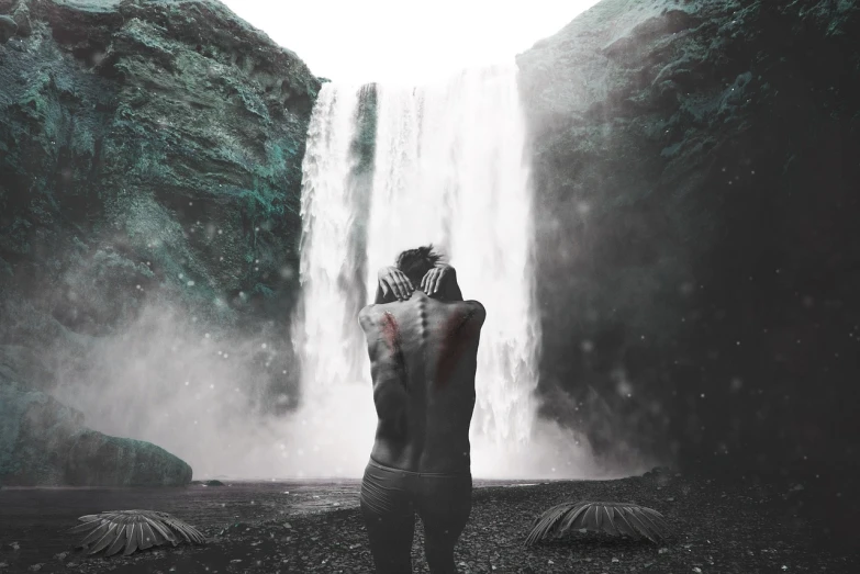 a person standing in front of a waterfall, a picture, tumblr, romanticism, making love, heilung, edited in photoshop, lowres