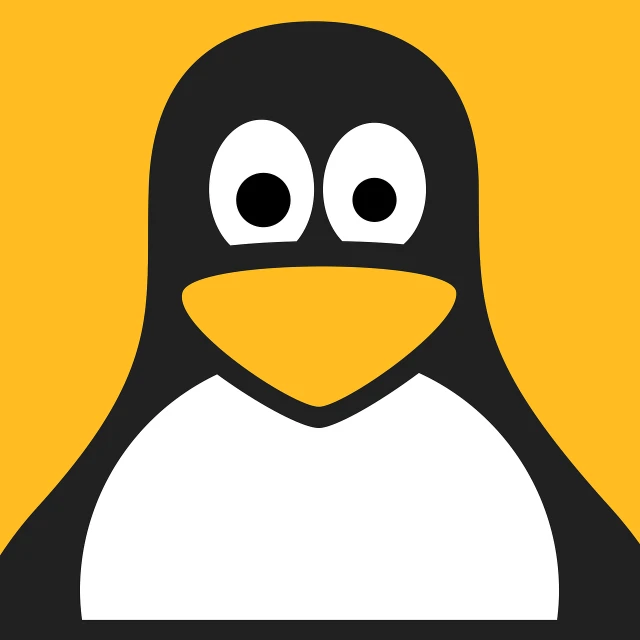 a close up of a penguin's face on a yellow background, shutterstock, computer art, cpu, black and white vector art, linux, john egbert