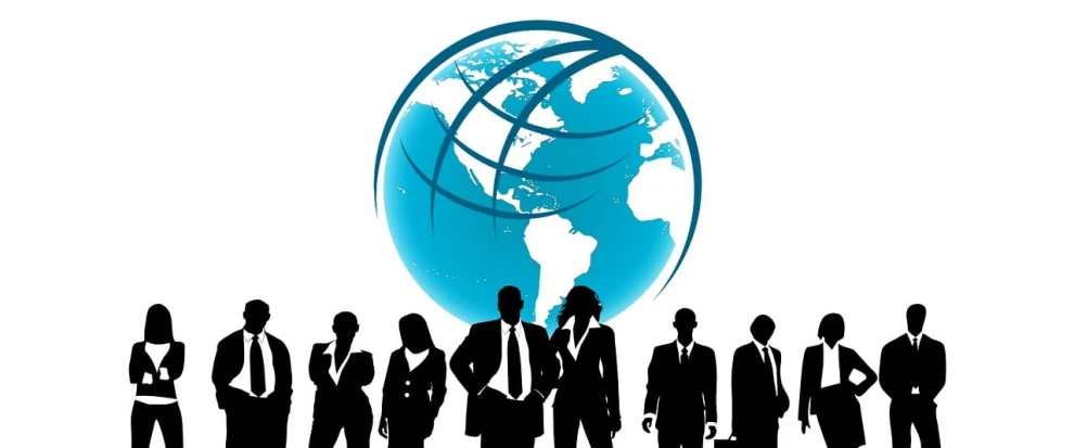 a group of business people standing in front of a globe, an illustration of, by Ingrida Kadaka, the background is white, definition, silhuette, website