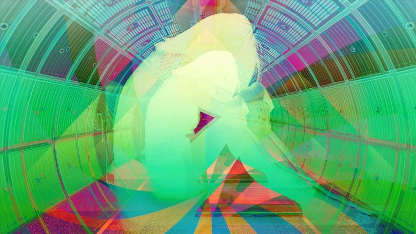 a person that is sitting down in a tunnel, digital art, inspired by Victor Moscoso, panfuturism, angel doing yoga in temple, video glitch, archival pigment print, whirling