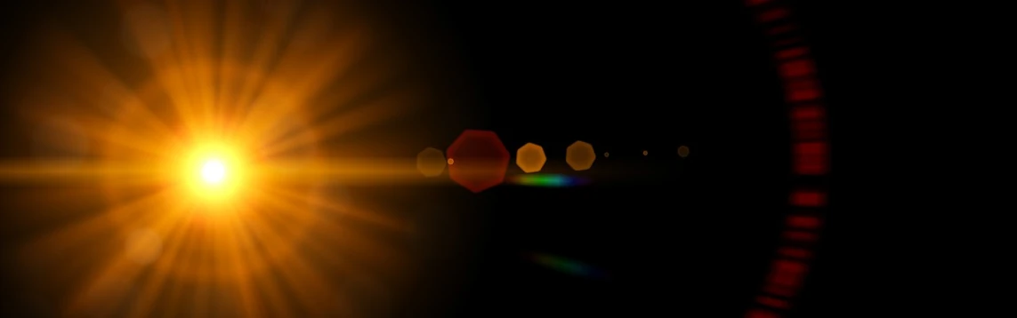 the sun is shining brightly in the dark, a raytraced image, inspired by Lorentz Frölich, hexagon lens flares, black backround. inkscape, f1.8 bokeh, rainbow caustic lighting