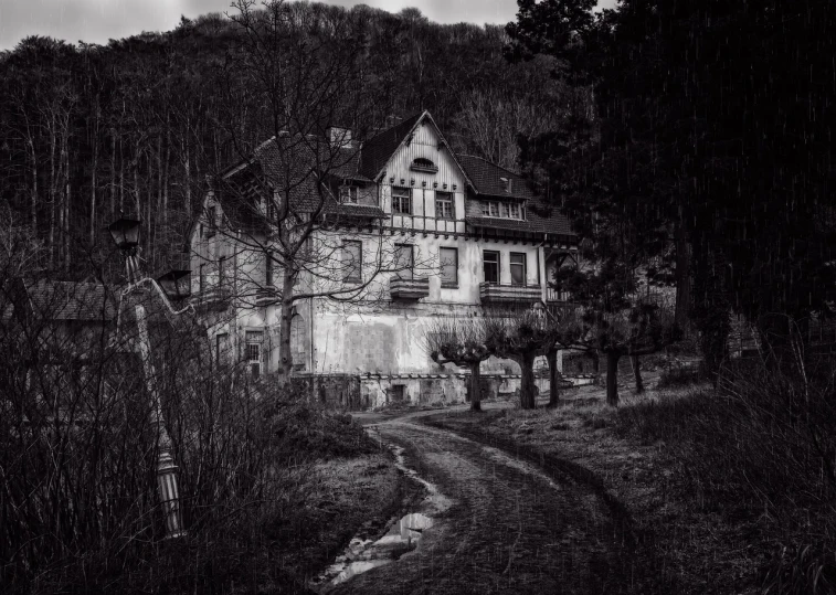 a black and white photo of a house in the woods, inspired by Emil Fuchs, pixabay contest winner, renaissance, spooky mansion, in the hillside, dark abandoned city streets, sepia toned