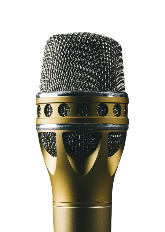 a close up of a microphone on a black background, a digital rendering, by Jens Søndergaard, shutterstock, art nouveau, bottom - view, accented in bright metallic gold, hasselblade shot, high detail product photo