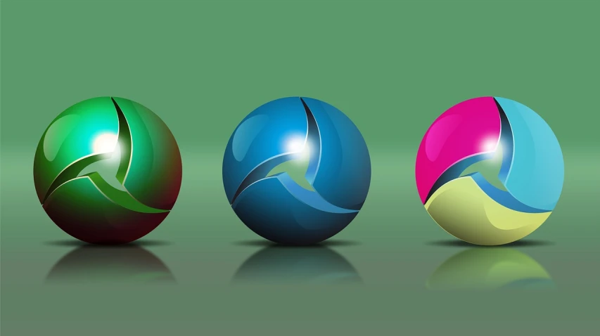 a group of three colored eggs sitting next to each other, a raytraced image, by Ramón Silva, trending on pixabay, digital art, energy spheres, corporate logo, green colored theme, 3 d icon for mobile game