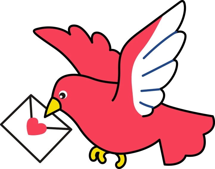 a bird flying with an envelope in its beak, an illustration of, pixabay, pink and red colors, love at first sight, pigeon, carrington