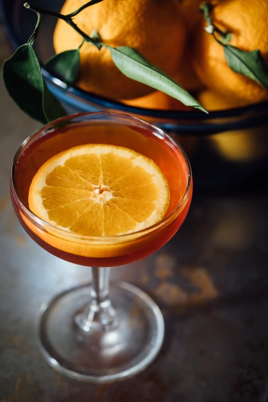 a glass filled with a drink next to a bowl of oranges, renaissance, retro dark vintage, close-up product photo, cocktail bar, orange and brown leaves for hair