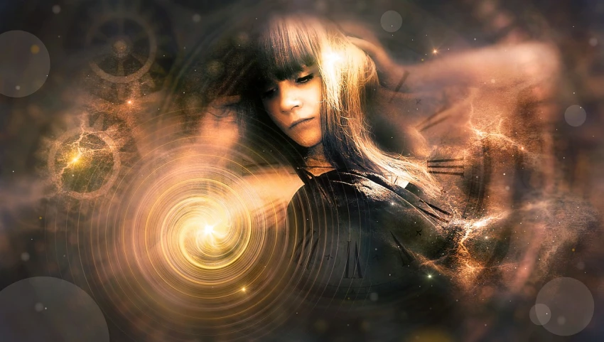 a woman that is standing in front of a light, digital art, digital art, golden spirals, powerful woman sitting in space, standing in a maelstrom, lensflares