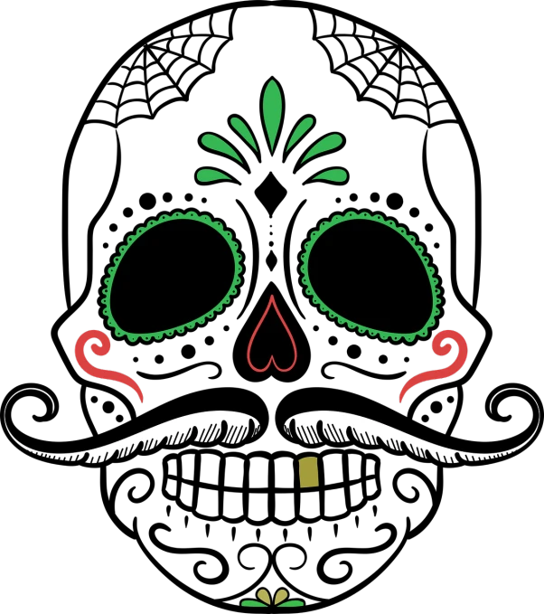 a close up of a face with a mustache, inspired by Germán Londoño, vanitas, vectorized, celebrating day of the dead, on black background, holiday season