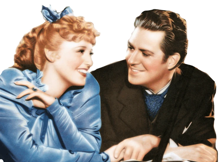 a man and a woman sitting at a table, a colorized photo, neo-romanticism, [ western film ], with a blue background, a still of a happy, portrait of lolita