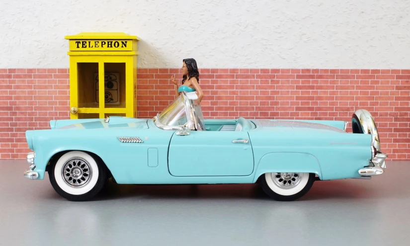 a toy car with a bride and groom in it, a picture, inspired by Bunny Yeager, tumblr, figuration libre, turqouise, thunderbirds, open top, section model