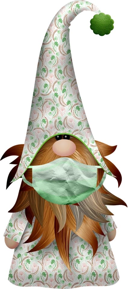 a cartoon gnome with a green leaf in his mouth, a digital rendering, digital art, surgical mask covering mouth, pretty face!!, cone, close-up!!!!!!