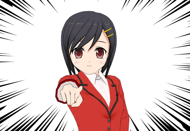 a woman in a red jacket pointing at the camera, by Jin Homura, k-on!, ace attorney style, toon rendering, smirk expression