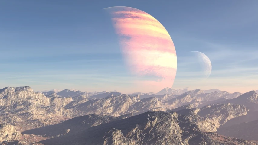 two planets in the sky with mountains in the background, space art, pink fog background, space photo