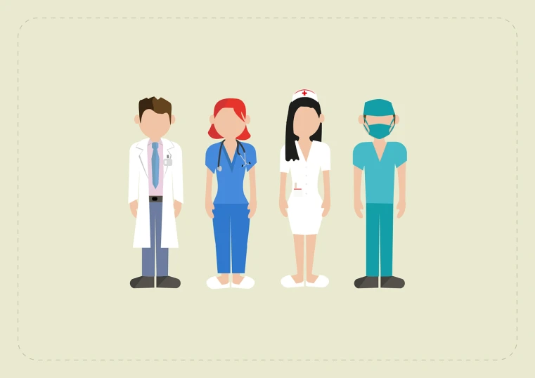 a group of doctors standing next to each other, an illustration of, by Amelia Peláez, shutterstock, figuration libre, nurse costume, simple 2d flat design, half body photo