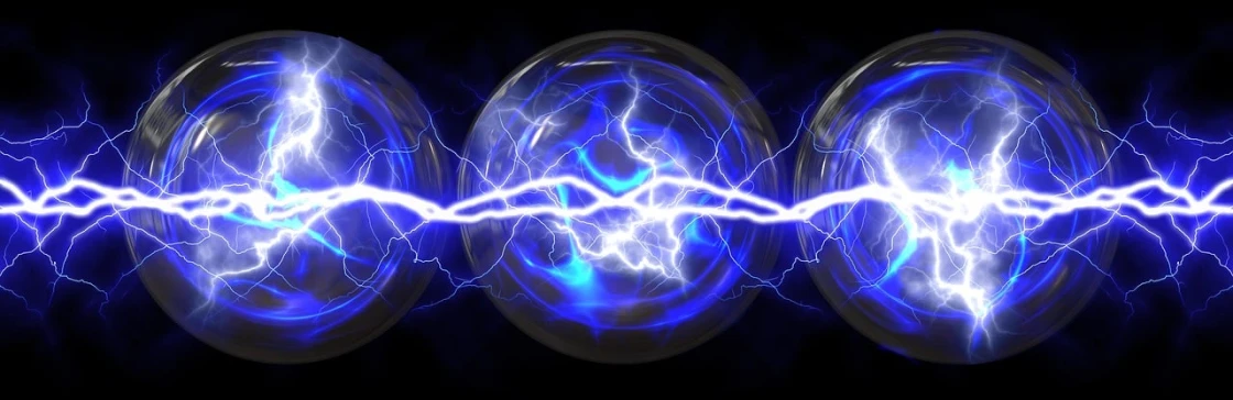 three electric discharges on a black background, a digital rendering, by Robert Thomas, pixabay, blue fireball, fusion, white lightning, 5 e