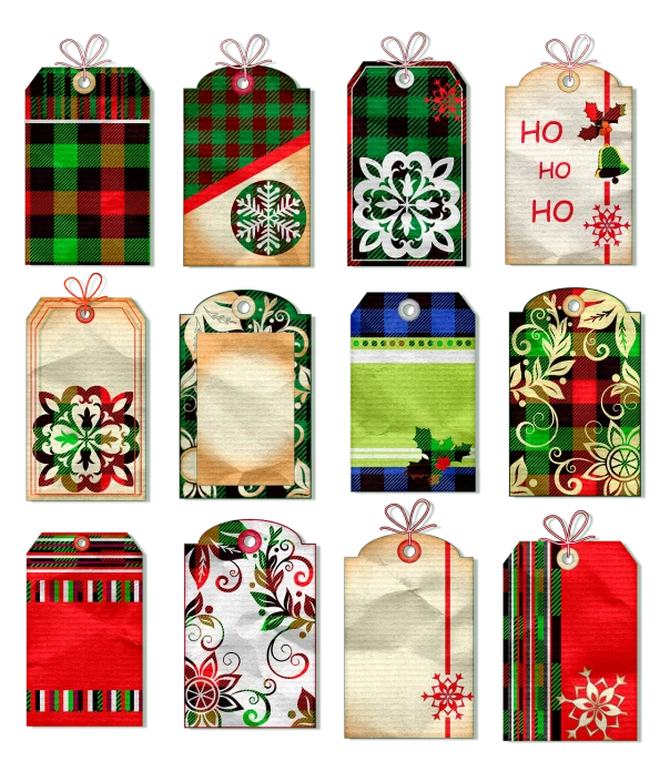 a collection of christmas gift tags on a black background, vector art, shutterstock, colorful torn fabric, tartan vestments, sticker design vector, high definition screenshot