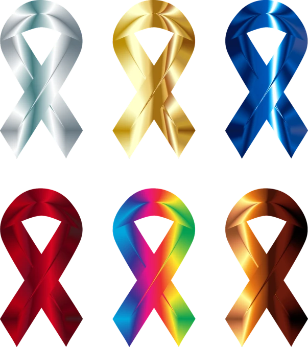 a set of six different colored ribbons on a black background, an illustration of, by David Burton-Richardson, flickr, computer art, shiny metallic glossy skin, awareness, color vector, disease