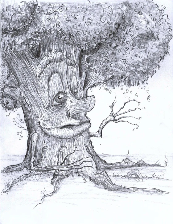 a drawing of a tree with a face on it, a detailed drawing, surrealism, mad magazine illustration, big oaks, feeling of disgust, pencil illustration