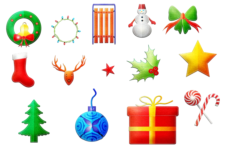 a set of christmas icons on a black background, vector art, by Carol Sutton, pexels, computer art, leds, added detail, detailed »