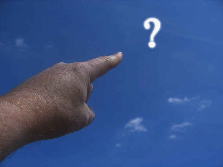 a person pointing at a question mark in the sky, a stock photo, precisionism, high detail of a hand, wikimedia, nice weather, floating