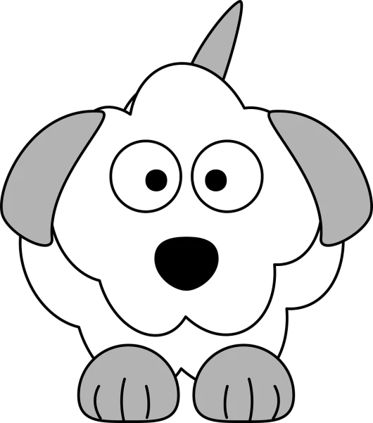 a white dog with a horn on its head, a cartoon, pixabay, sōsaku hanga, b&w!, cute face big eyes and smiley, bottom view, fluffy''