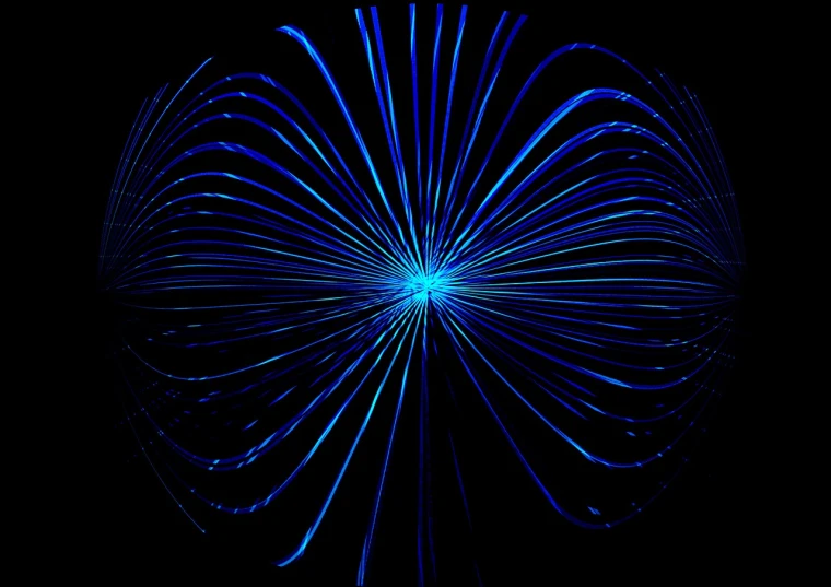 a close up of a blue light on a black background, a raytraced image, by David Burton-Richardson, generative art, fireworks, illuminated neon lines, radial light, antennae