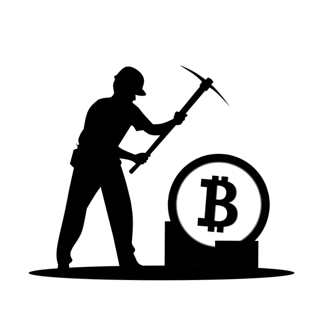 a man holding a pick axe next to a bit coin, an illustration of, black on white background, miners, platforms, combine