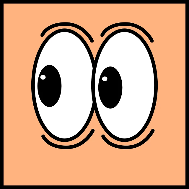 a cartoon face with big eyes on an orange background, a cartoon, !!! very coherent!!! vector art, two black eyes, square black pupil centered, look me inside of my eyes