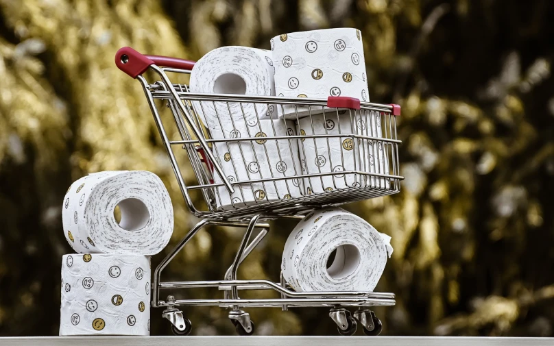 a shopping cart filled with rolls of toilet paper, a stock photo, by Dietmar Damerau, pexels, hyperrealism, golden toilet, 🦩🪐🐞👩🏻🦳, porcelain organic tissue, high-contrast