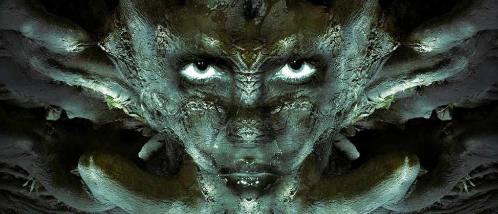 a close up of a face on a tree, digital art, inspired by H.R. Giger, digital art, angry female alien, texturized, harpy woman, dmt entities