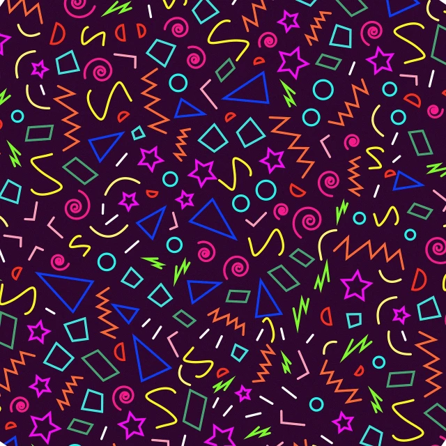 a bunch of different colored shapes on a black background, concept art, inspired by Howard Arkley, tumblr, seamless game texture, lightning background, background is purple, colorful”