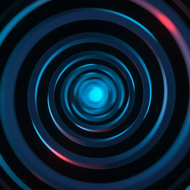 a close up of a circular object on a black background, digital art, abstract illusionism, blue and red tones, doppler effect, 2 d cg, high res