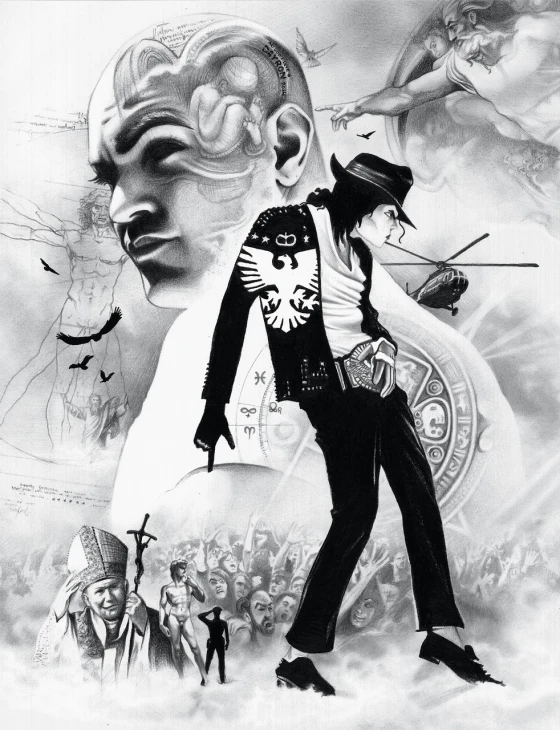 a black and white drawing of michael jackson, poster art, inspired by Wilhelm Freddie, dada, mark brooks detailed, concept art of god, am a jean giraud, eminem