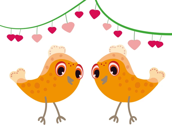 a couple of birds standing next to each other, an illustration of, mingei, love in motion, orange ribbons, spot illustration, version 3