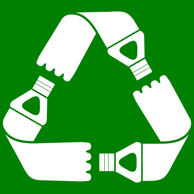 a white recycle icon on a green background, by Jan Zrzavý, plasticien, multiple arms, holding a bottle, wikimedia commons, clean vector art