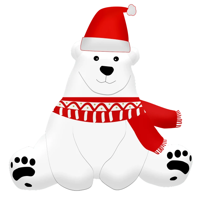 a polar bear wearing a santa hat and scarf, pixabay, art deco, black, plastic, in a chill position, 2 0 1 0 photo