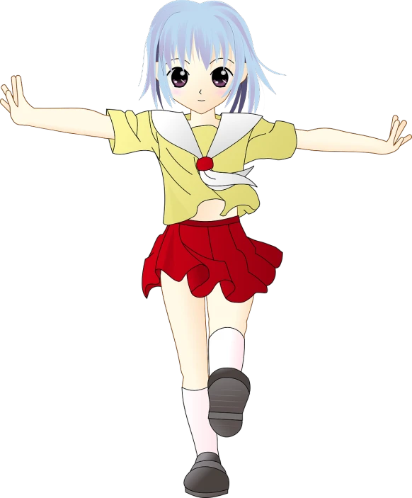 a girl in a yellow shirt and red skirt, inspired by Rei Kamoi, pixiv contest winner, mingei, she has pale blue skin!!!, reisen udongein inaba, she is dancing, kaworu nagisa