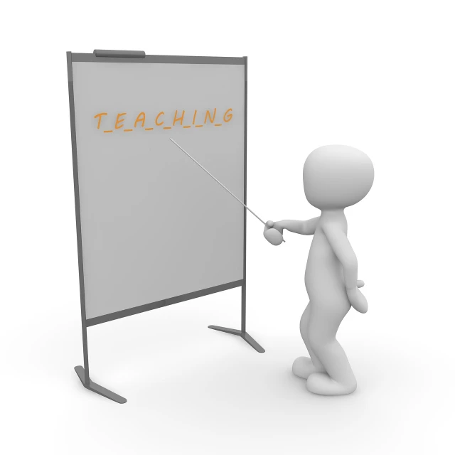 a person standing in front of a white board with the word teaching written on it, a digital rendering, trending on pixabay, academic art, with pointing finger, 3 d cartoon, stock photo