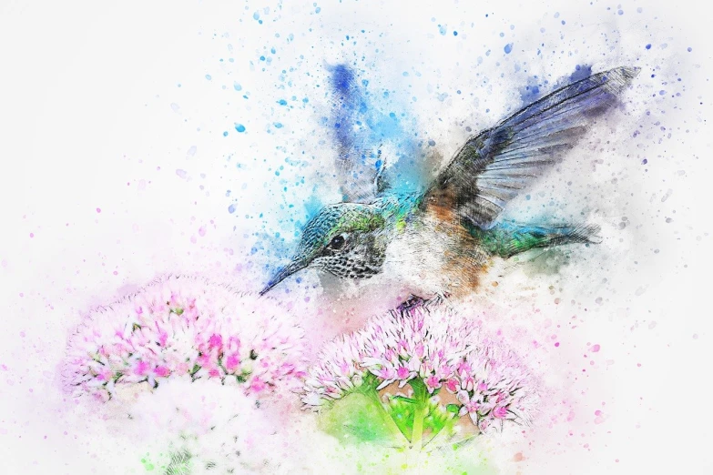 a watercolor painting of a hummingbird in flight, a watercolor painting, trending on pixabay, art photography, mixed media style illustration, springtime morning, a beautiful artwork illustration, modern digital art