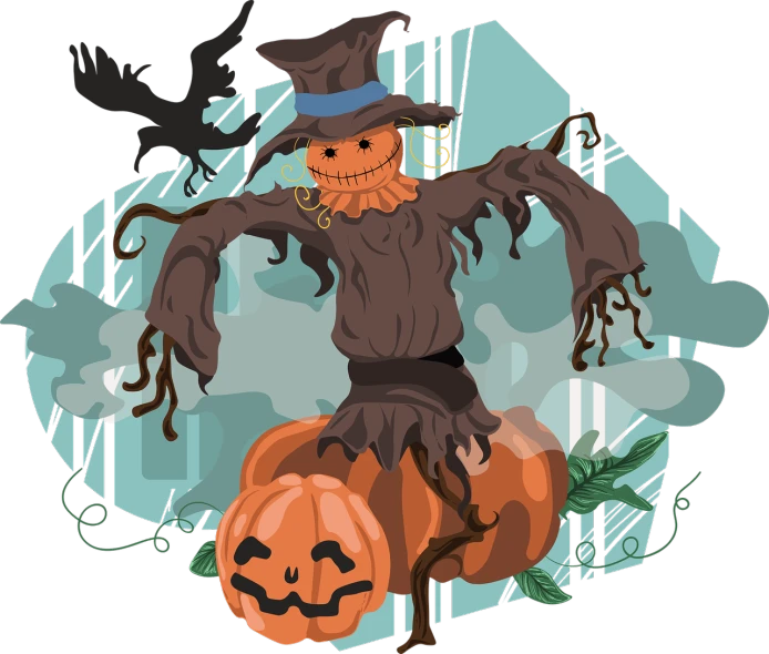 a scare standing on top of a pumpkin, vector art, shutterstock, digital art, scarecrow, on a dark background, dead forest background, very very low quality picture